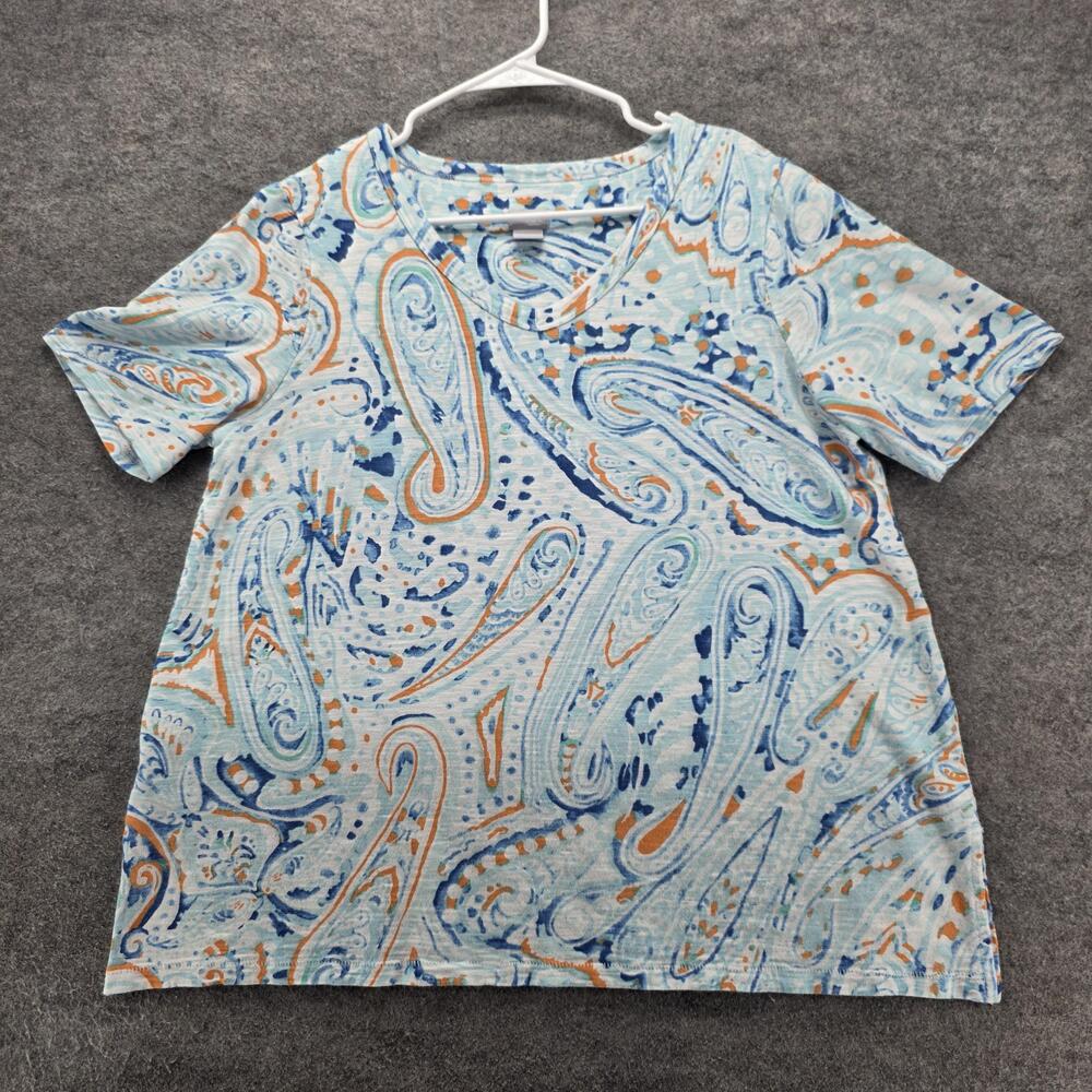 Chico's Shirt Womens Large Blue Paisley V Neck Short Sleeve Cotton Modal Casual